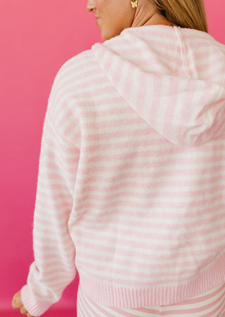 Tia Stripe Zip Up Hoodie in Baby Pink