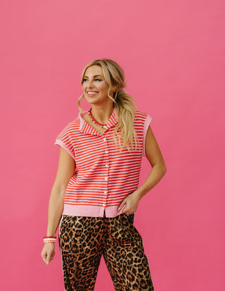 Sleeveless Piper Cardigan in Pink/Red Stripe