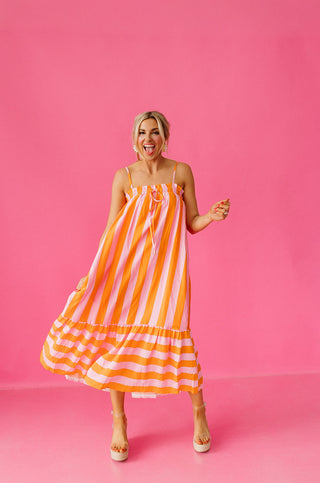 Pippa Stripe Midi Dress in Pink/Orange