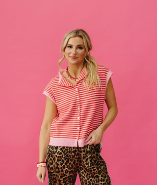 Sleeveless Piper Cardigan in Pink/Red Stripe