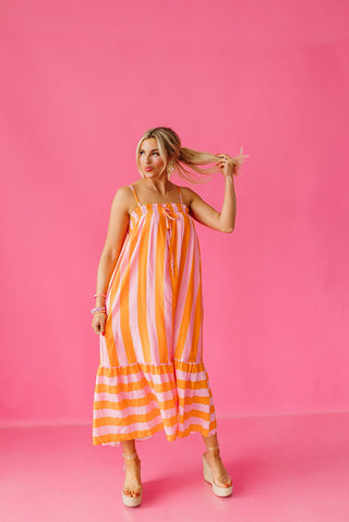 Pippa Stripe Midi Dress in Pink/Orange