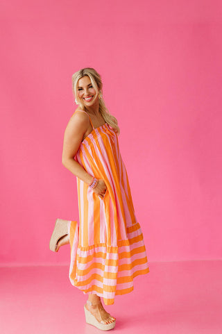 Pippa Stripe Midi Dress in Pink/Orange