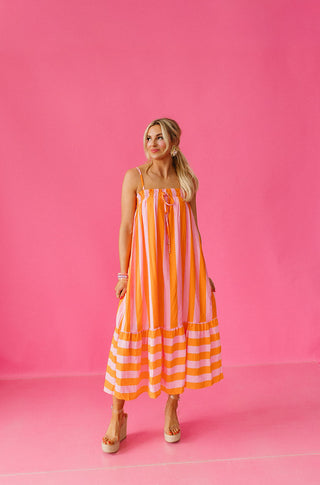 Pippa Stripe Midi Dress in Pink/Orange