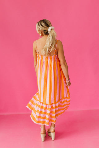 Pippa Stripe Midi Dress in Pink/Orange