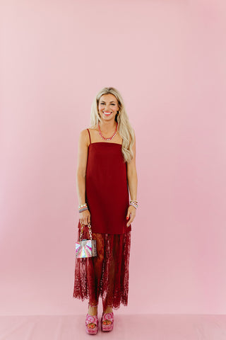 Bekah Lace Trim Midi Dress in Burgundy