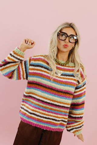 Quinten Rainbow Stripe Sweater in Lime/Magenta
