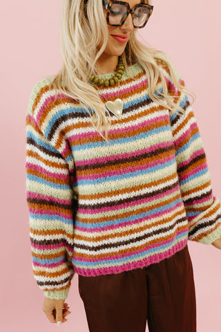 Quinten Rainbow Stripe Sweater in Lime/Magenta