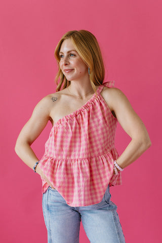 Val Gingham One Shoulder Top in Pink
