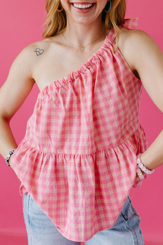 Val Gingham One Shoulder Top in Pink