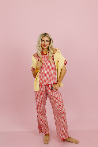 Livvy Gingham Scallop Pant Set in Cherry/Cream