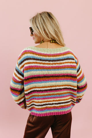 Quinten Rainbow Stripe Sweater in Lime/Magenta