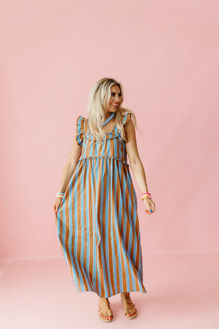 Penelope Ruffle Stripe Midi Dress
