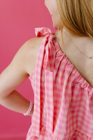 Val Gingham One Shoulder Top in Pink