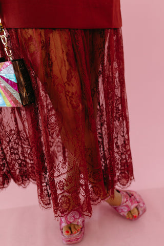 Bekah Lace Trim Midi Dress in Burgundy