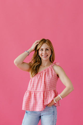 Val Gingham One Shoulder Top in Pink