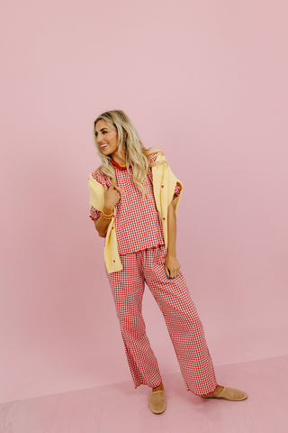 Livvy Gingham Scallop Pant Set in Cherry/Cream