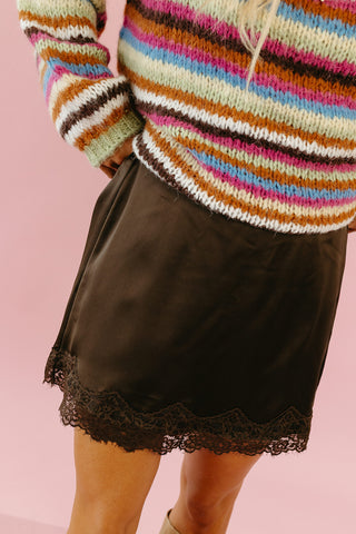 Liv Scallop Lace Trim Satin Skort in Espresso
