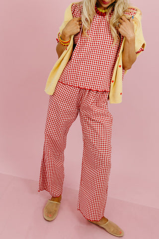 Livvy Gingham Scallop Pant Set in Cherry/Cream