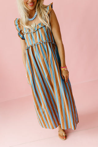 Penelope Ruffle Stripe Midi Dress