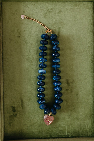 Chunky Beaded Necklace in Navy Pink Heart Charm
