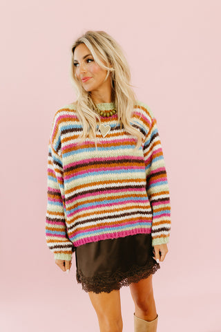Quinten Rainbow Stripe Sweater in Lime/Magenta