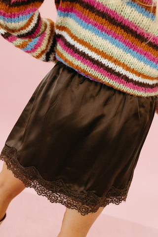 Liv Scallop Lace Trim Satin Skort in Espresso