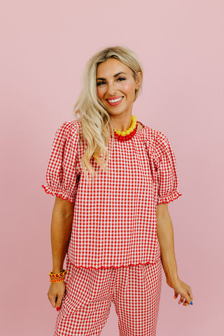Livvy Gingham Scallop Pant Set in Cherry/Cream