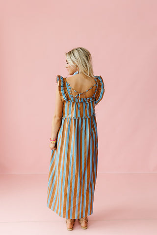 Penelope Ruffle Stripe Midi Dress