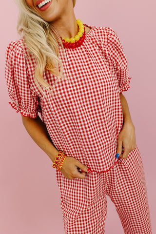 Livvy Gingham Scallop Pant Set in Cherry/Cream