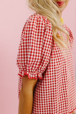 Livvy Gingham Scallop Pant Set in Cherry/Cream