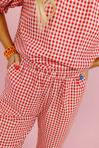 Livvy Gingham Scallop Pant Set in Cherry/Cream
