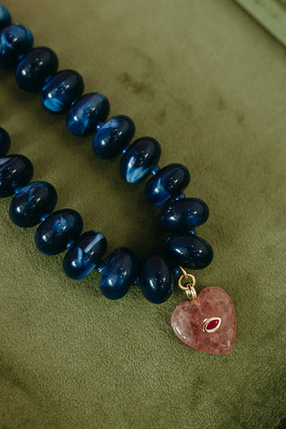 Chunky Beaded Necklace in Navy Pink Heart Charm