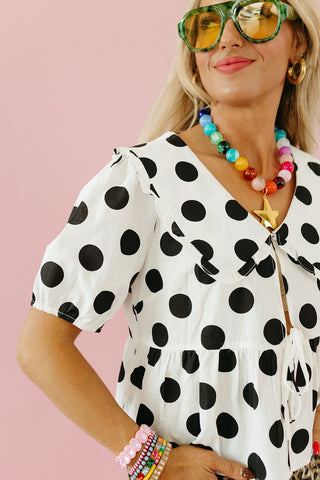 Molly Polka Dot Peter Pan Top in Off White/Black