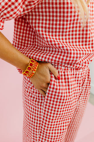 Livvy Gingham Scallop Pant Set in Cherry/Cream