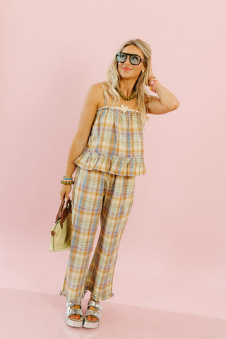 Peyton Plaid Ruffle Hem Pants