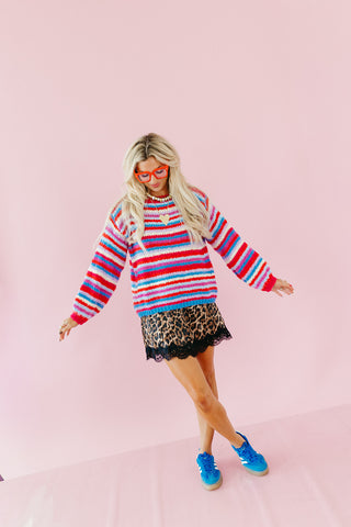 Quinten Rainbow Stripe Sweater in Cherry/Sky
