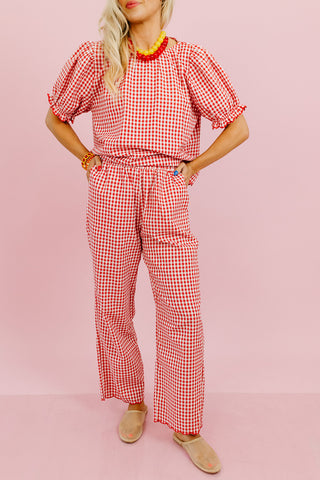 Livvy Gingham Scallop Pant Set in Cherry/Cream