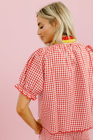 Livvy Gingham Scallop Pant Set in Cherry/Cream