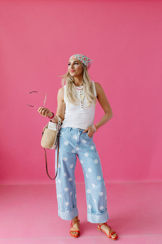 Ellie Polka Dot Rolled Up Barrel Denim