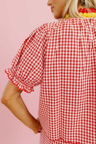 Livvy Gingham Scallop Pant Set in Cherry/Cream