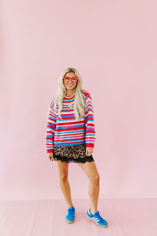 Quinten Rainbow Stripe Sweater in Cherry/Sky
