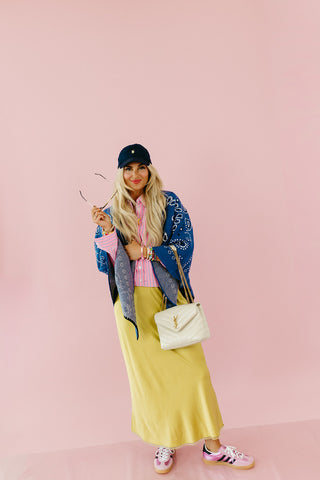 Kimber Stripe Bubble Button Down Top in Pink/Navy