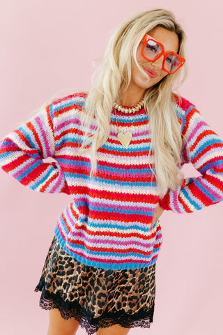 Quinten Rainbow Stripe Sweater in Cherry/Sky