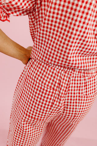 Livvy Gingham Scallop Pant Set in Cherry/Cream