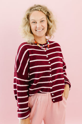Piper Cardigan in Wine/Pink Stripe