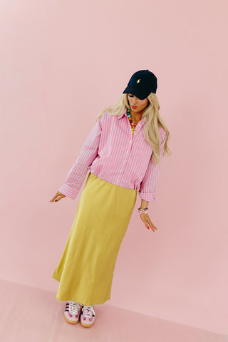 Kimber Stripe Bubble Button Down Top in Pink/Navy