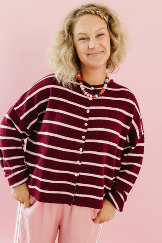 Piper Cardigan in Wine/Pink Stripe