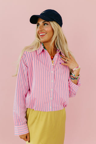 Kimber Stripe Bubble Button Down Top in Pink/Navy