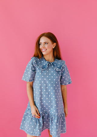 Everlynn Polka Dot Denim Ruffle Collar Mini Dress