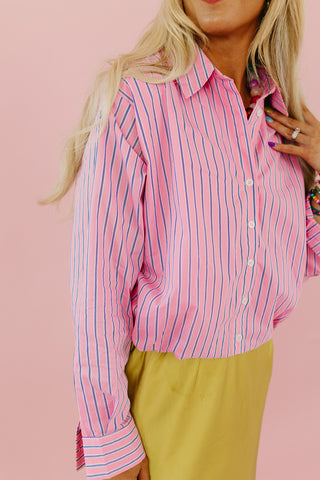 Kimber Stripe Bubble Button Down Top in Pink/Navy